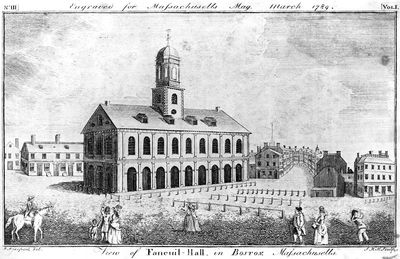 Ink sketch of Faneuil Hall in 1789