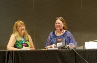 Picture of authors Leslie Kelly and Dee Davis at RWA conference for romance writers