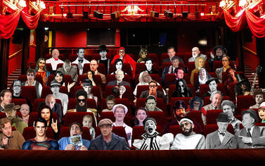 Movie theater with famous movie characters in the seats