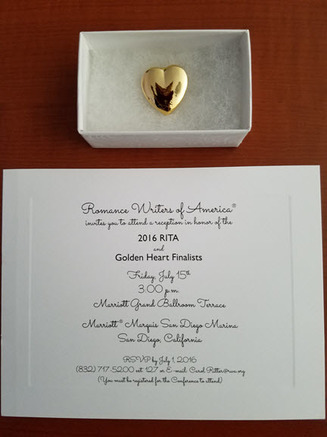 Invitation to reception and pin for writers who are for Golden Heart contest finalists